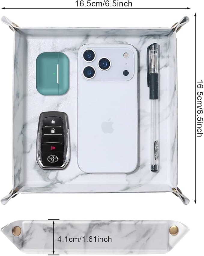Valet Tray Desktop Storage Organizer – Premium PU Leather Catchall Bedside Vanity Tray Nightstand Caddy Holder for Remote Controller, Keys, Phone, Wallet, Coin, Jewelry,Marble White