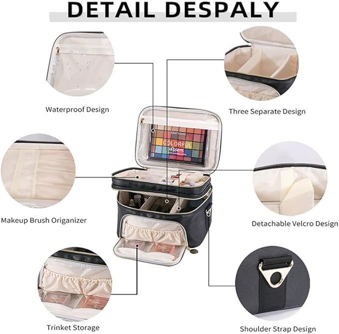 Extral Large Makeup Bag for Women,Double Layer Travel Cosmetic Organizer Case,Skin Care Essentials Toiletries Bags with Shoulder Strap Waterproof Brush Storage with Removable Dividers