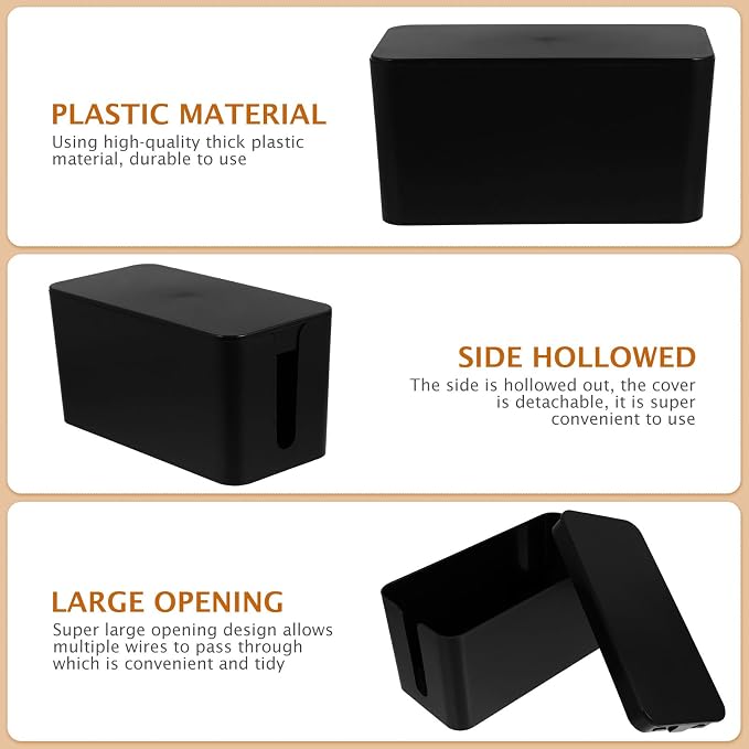 Cable Management Box and Power Strip Organizer for Home Office, Black Small Plastic Cord Storage Box for Desk and Floor Cable Hides, Safe Cord Organizer for Electronics