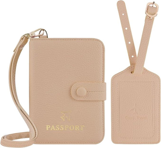 Passport Holder RFID Protected Wallet and Luggage Tag with Protection Cover Travel Accessories Leather Card Case Organizer for Women Men (Beige)