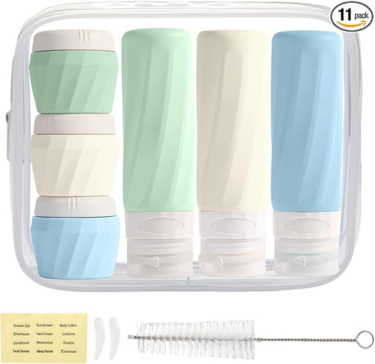 11 Pack Travel Bottles for Toiletries, TSA Approved 3oz Leak Proof Refillable Silicone Squeezable Containers Kit for Shampoo Lotion Conditioner with Toiletry Bag