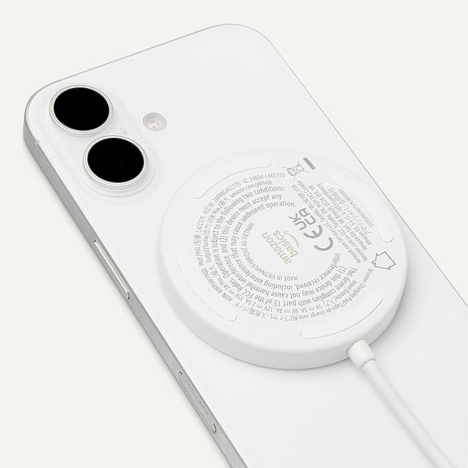 Amazon Basics 25W Qi2.2 Certified Wireless Charging Pad, MagSafe Compatible for iPhone 17/16/15/14/13/12, Magnetic Compatible for Android, Google Smartphones, White (Adapter Not Included)
