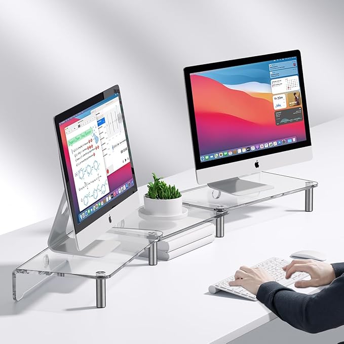 dual monitor stand riser, 3-layer transparent acrylic monitor stand with anti slip pad, adjustable length and angle, suitable for 2 monitors, desktop, laptop, PC, printer, TV screen