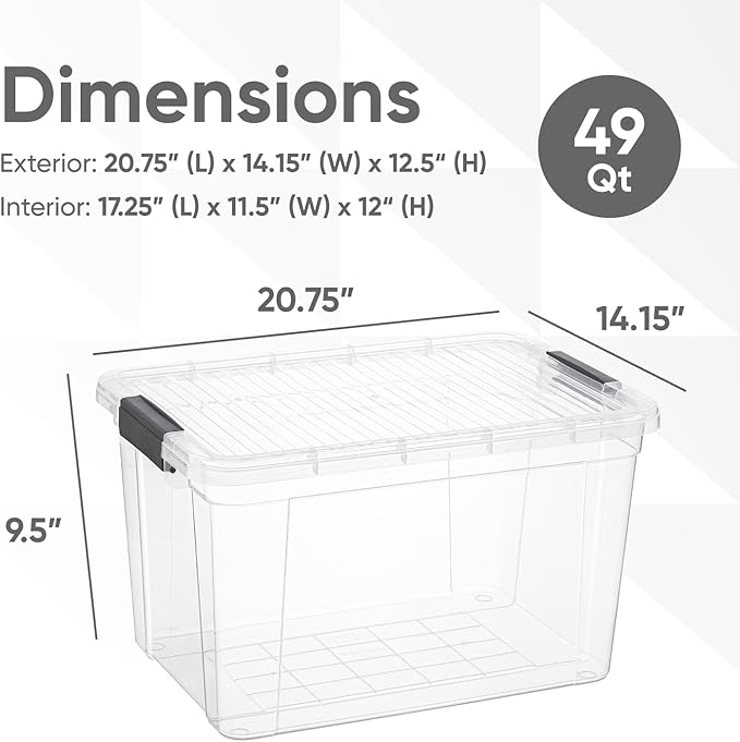 Superio Clear Storage Box with Lid, 49 Quart Plastic Container Bins for Organizing, Stackable Crates, BPA Free, Non Toxic, Odor Free, Organizers for Home, Office, School, and Dorm