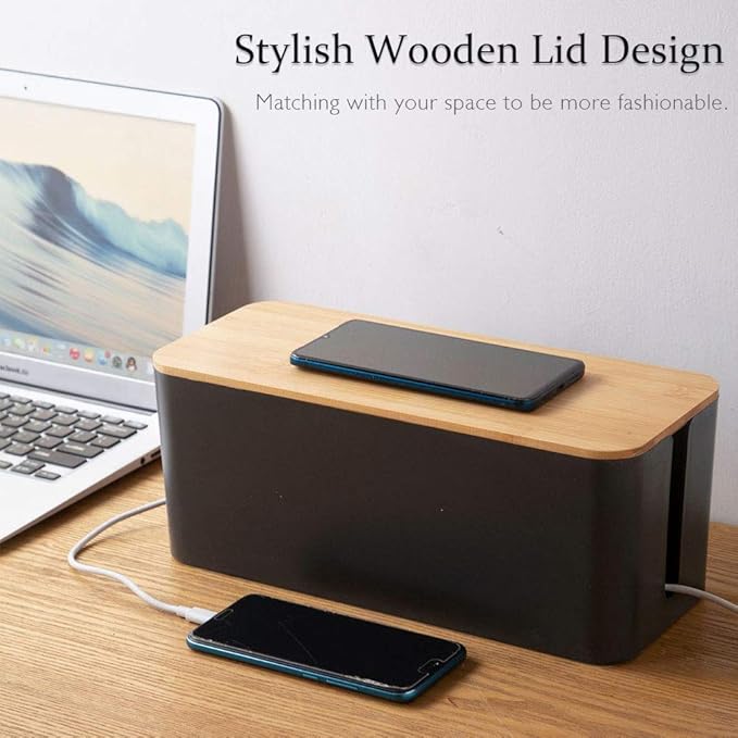 PowerKing Cable Management Boxes Organizer, Bamboo Lid, Large Storage Wires Keeper Holder for Desk, TV, Computer, USB Hub, System to Cover and Hide & Power Strips & Cords (Luxury Black)