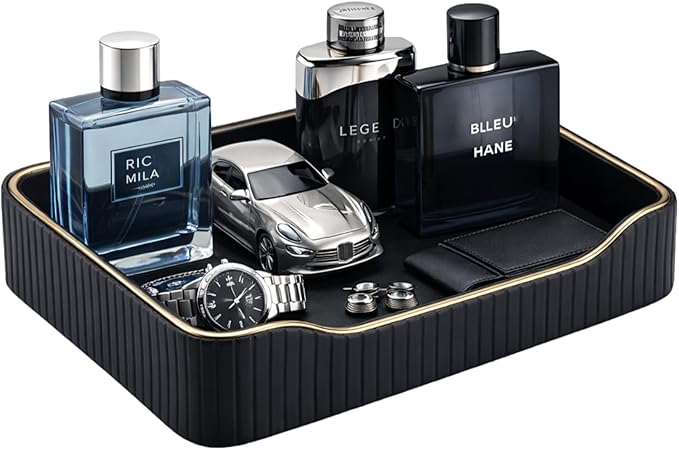 KINGFOM Prefume Tray, PU Leather Valet Tray Nightstand Organizer Perfume Trays for Men Women, Table Centerpieces Decorative Vanity Trays, Desk Organizer Tray for Key Jewelry Cosmetics (Black)