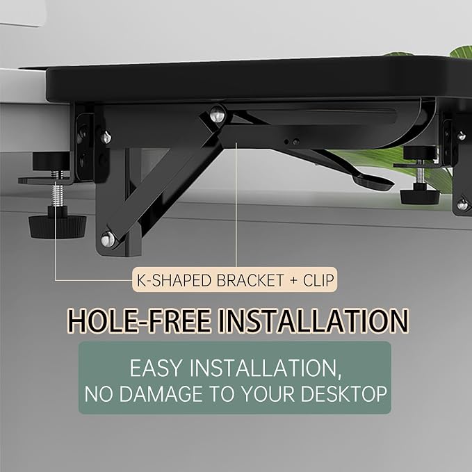 OUGIC Ergonomic Desk Extension Tray, 30 x 15 cm, Clamp Without Perforation, Foldable Keyboard Drawer Tray, Wrist Rest, Computer Stand