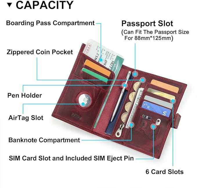 CONTACTS Full Grain Leather Passport Holder Compatible with Airtag RFID Blocking Passport Wallet Travel Slim Passport Cover with SIM Card Removal Tool (Bagde, Red)