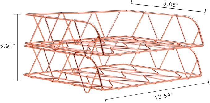 PAG 2 Packs Desktop File Organizer Metal Stackable Horizontal Letter Tray Paper Holder Rack, Rose Gold