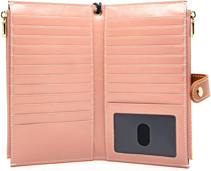 ANDOILT Women's Genuine Leather Wallet RFID Blocking Credit Card Holder Zipper Purse Cell Phone Handbag