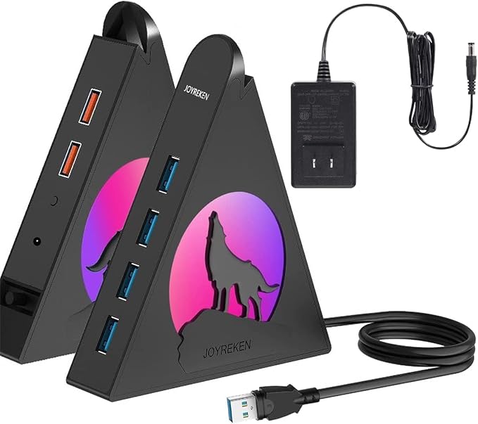 Powered USB Hub 3.0, 6-Port Hub(4 USB 3.0 Data Ports + 2 Smart Charging Ports) with 48W AC Adapter, RGB Light, Base, Compatible with PC, Laptop, Mac, External Hard Drives, PS4, Fast Charging for Phone