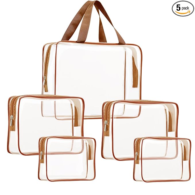 5Pcs Crystal Clear PVC Travel Toiletry Bag Kit for Women Men, Waterproof Vinyl Packing Organizer Storage Bags with Zipper Handle Straps, Cosmetic Pouch Carry on Airport Airline Compliant Bag Handbag