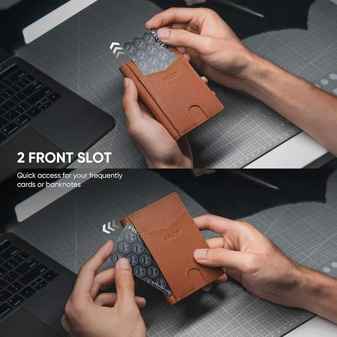 VULKIT Bifold Front Pocket Slim Wallet RFID Blocking Minimalist Thin Genuine Leather Credit Card Holder Wallet for Men and Women Litchi Brown