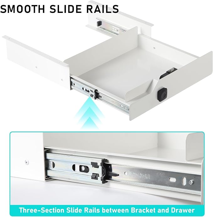 Metal Under Desk Drawer with Biometric Fingerprint Lock, Undermount Table Drawer, Slides out Tray Organizer for Paper, Pencil, and Laptop 16"x11.8"x3.6", White