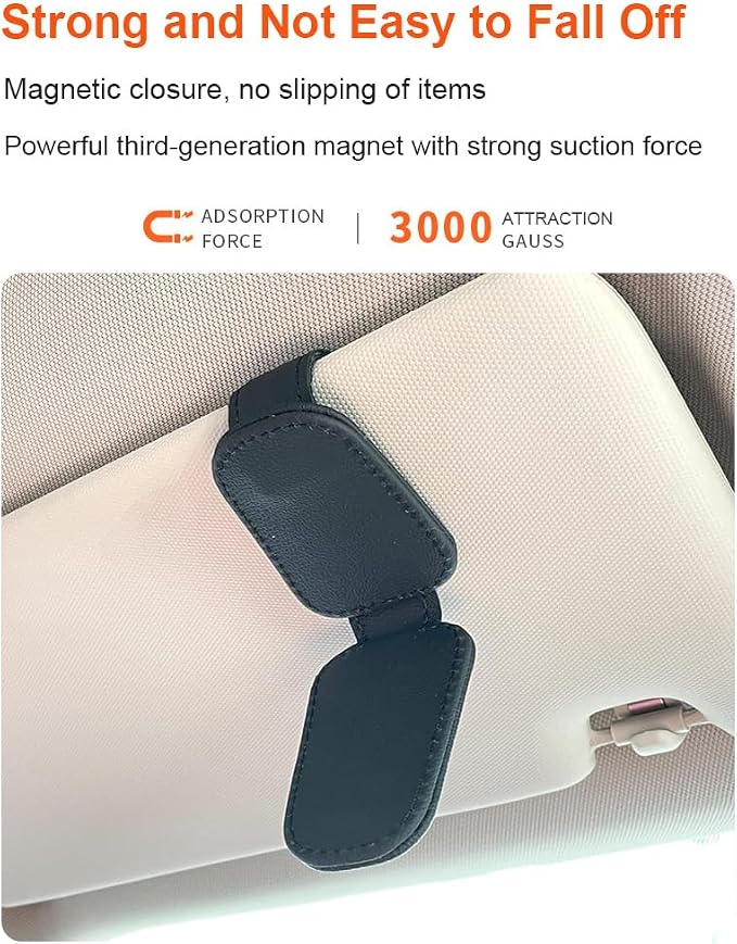 Sunglasses Holder for Car, Magnetic Leather Sunglasses Clip for Car Visor, Eyeglass Hanger Clip for Car Sun Visor (A Black)