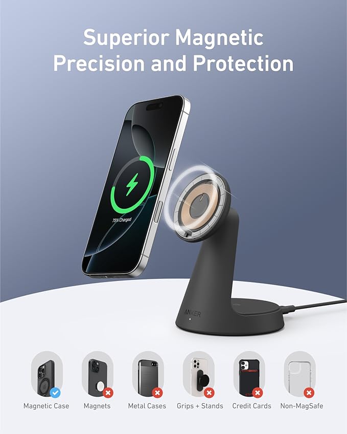 Anker MagSafe Compatible 2-in-1 Charging Stand, iPhone 16 Wireless Charger, Qi2 Certified 15W Ultra-Fast,Adjustable and Super Strong,for iPhone 16/15/14/13/12 Series,AirPods (Black, No Adapter)