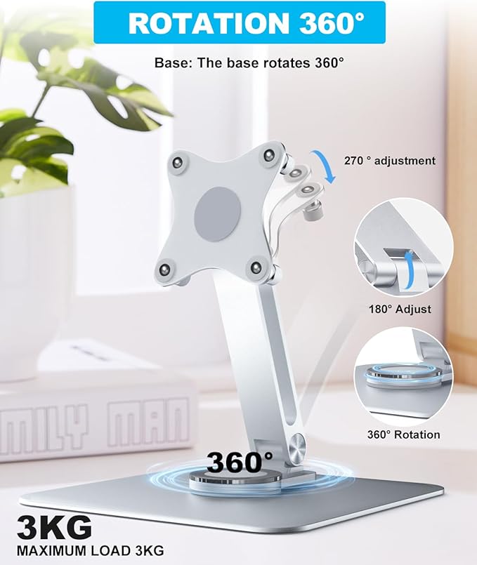75x75mm VESA Monitor Mount Stand, M4 Anti-Loss Screws, Aluminum Alloy Base, Fits 7"-18" Small Portable Monitors, Silver Foldable Lay Flat Monitor Stand (Not Fit 100x100mm Vesa)