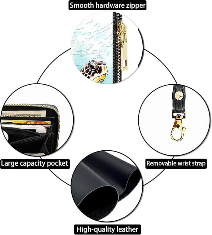Women's Large Capacity Wallet PU Leather Zip Around Clutch Purse Multifunctional Wallet with Removable Wristlet Strap for Smart Phone/Coin/Card/Cash - Sea Turtle