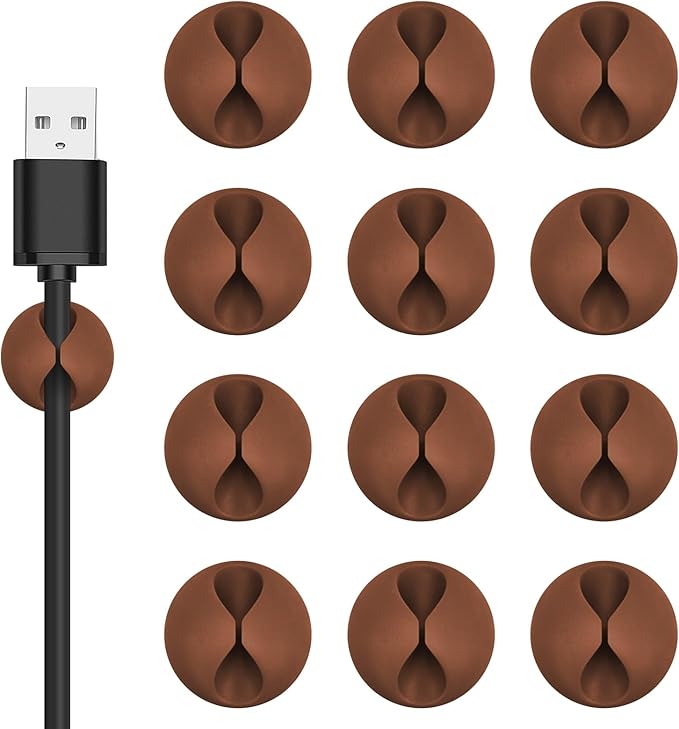 Cord Holder Cable Clips, 12PCS Coffee Adhesive Cord Organizer Charger Holder Wire Management Keeper for Nightstand, Desk, Office or Mouse