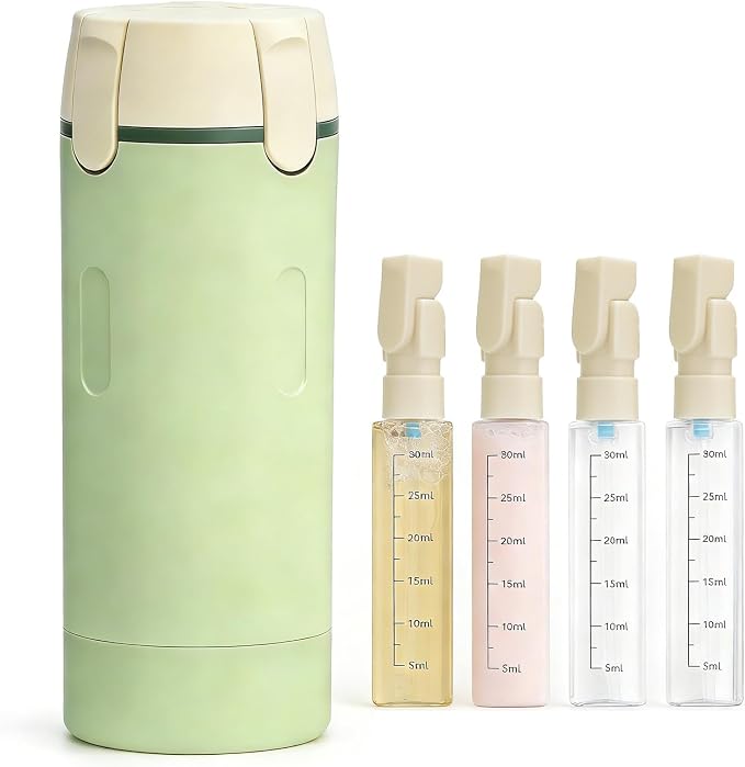 4 in 1 Travel Dispenser Bottle, 4 Pack 30ML Travel Bottles for Toiletries, Refillable, Leak Proof, Portable, for Travel, Camping, Business Trip, for Face Wash, Body Wash, Lotion, Toner (Green)