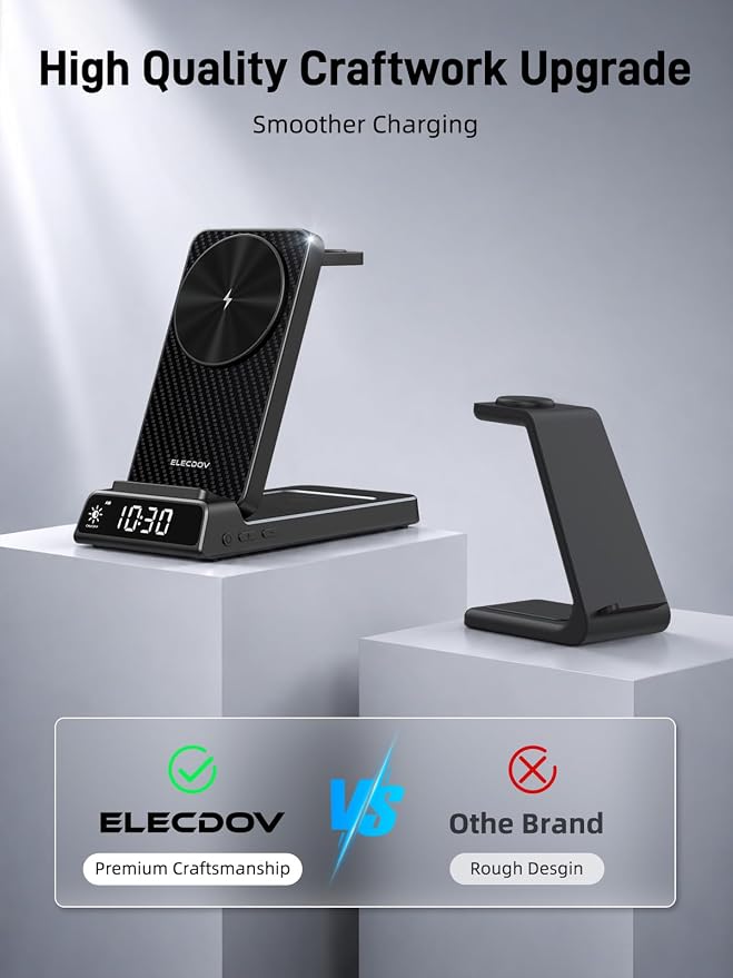 3 in 1 Charging Station for Apple, ELECDOV Magnetic Charger for iPhone, Foldable Wireless Charger with Clock, Travel Watch Charger Stand for iPhone 17/Air/16/15 Series, iWatch 10/AirPods 4