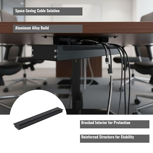Desktop Cable Management Cover for Desk Organization - Aluminum Alloy Cable Box with Brush Seal (Black, 8.0x50.0x2.8 cm)