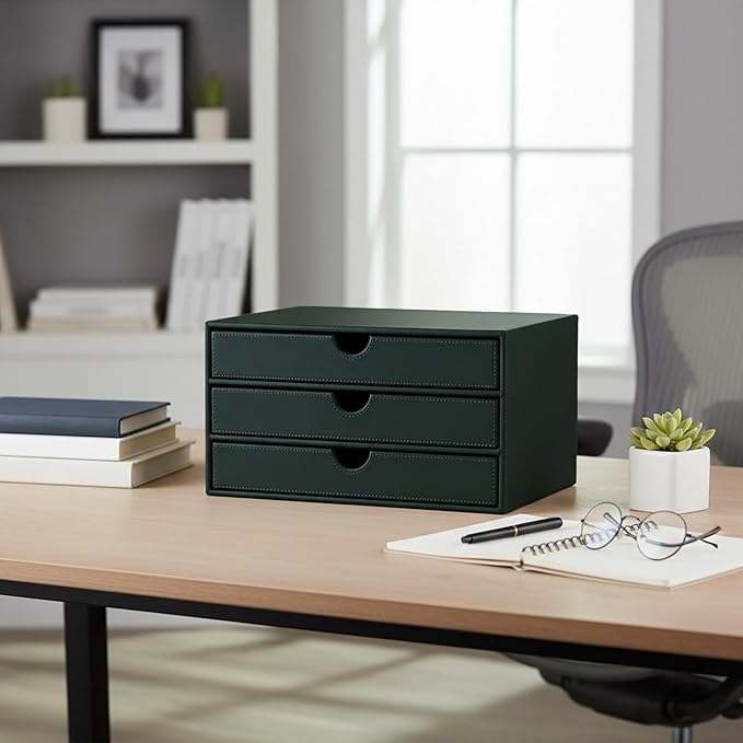 UnionBasic Document Organizer, 3-Drawer File Cabinet Document Storage Box, Office Desktop Filing Organizer, Dark Green