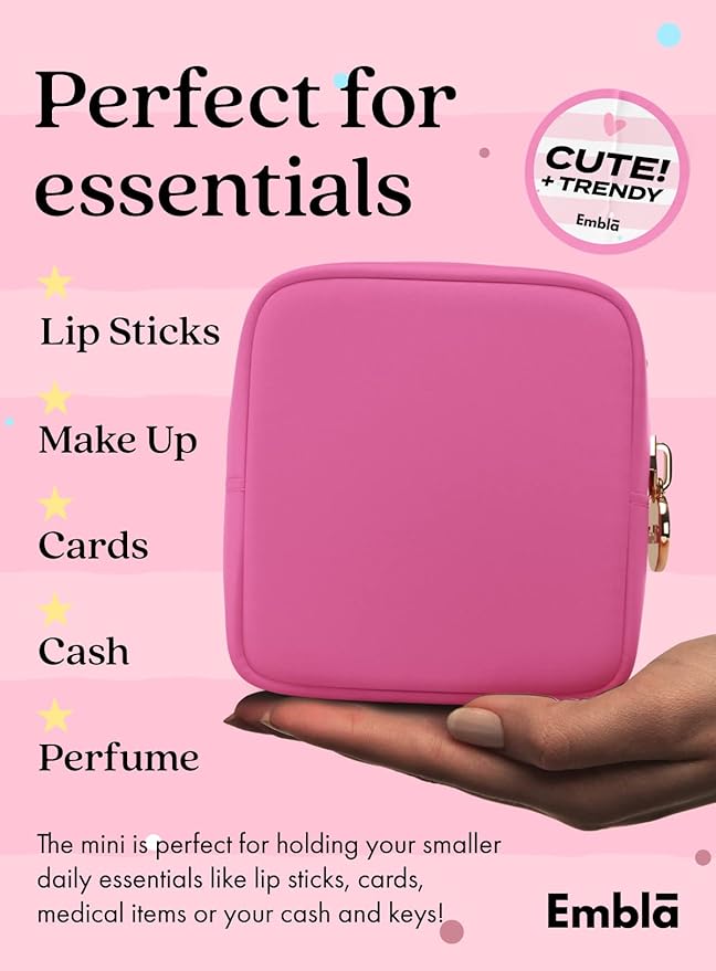 Embla Small Makeup Bag for Purse, Mini Waterproof Nylon Cosmetic Pouch, Durable and Lightweight Travel Toiletry Bag with Smooth Zipper, Hot Pink