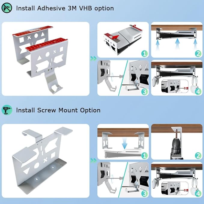 Aluminum Under Desk Mount for PS5/PS5 Slim/ PS5 Pro Digital & Disc, Securing Under Desk Bracket with Detachable Controller & Headphone Holder Kit No Drill (White)