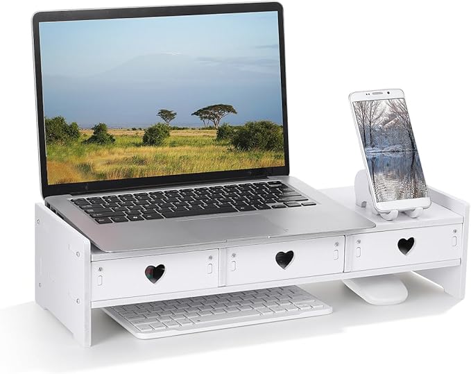 Computer Monitor Stand Riser with 3 Drawers - No Assembly White Desk Organizer & Laptop Shelf - Waterproof Desktop Storage for Home Office, School Dorm & Vanity - 3-Tier Space-Saving Design