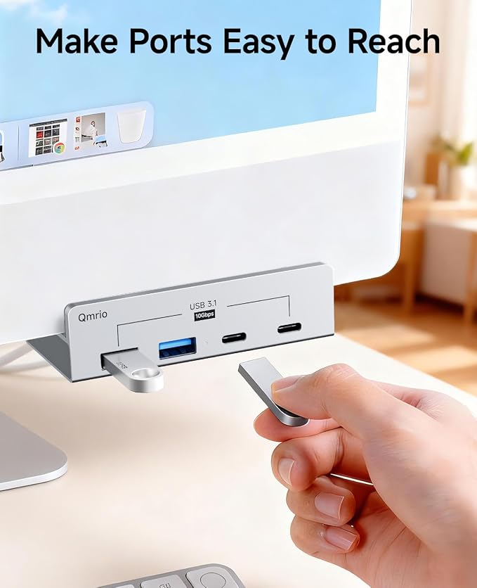 USB Hub 3.1, 10Gbps Clamp USB Hub with 2 USB-A Data Ports, 2 USB-C Port with Extra Power Supply Port (Silver)