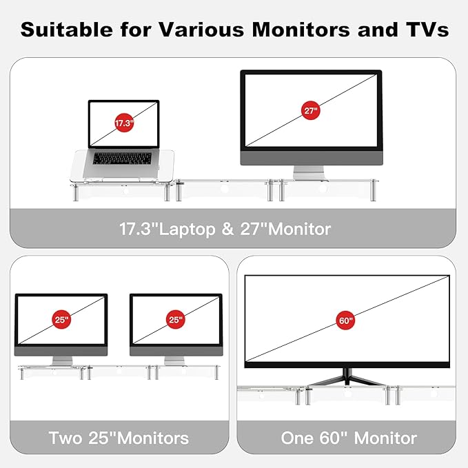 RQUOIRE Ergonomic Acrylic Dual Monitor Stand with Adjustable Laptop Riser, Compatible with Desktop, Printer, TV and More Devices,Monitor Riser Holder Suitable for 2 Monitors (Clear)
