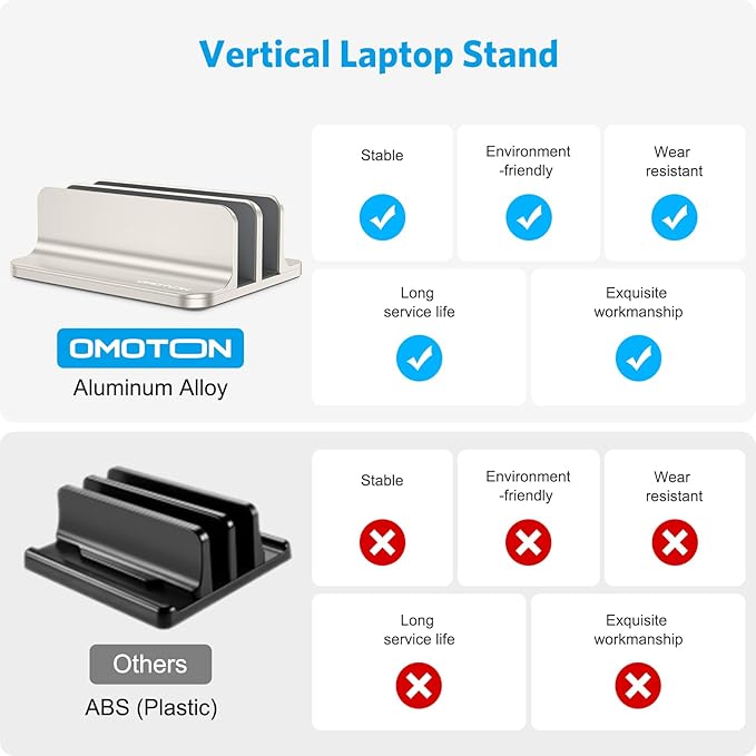 OMOTON Vertical Laptop Stand [Updated Double Version], Desktop Aluminum Mac Book Stand with Adjustable Dock Size, Fits All Mac Book, Surface, Chrome Book and Gaming Laptops (Up to 17.3") (Starlight)
