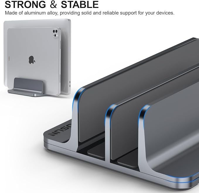 YICOSUN Dual-Slot Aluminum Vertical Laptop Stand for Desk - Adjustable Width Dock for MacBook, Surface, Samsung, HP, Dell up to 17.3 inches - Space-Saving & Protective Design - Gray