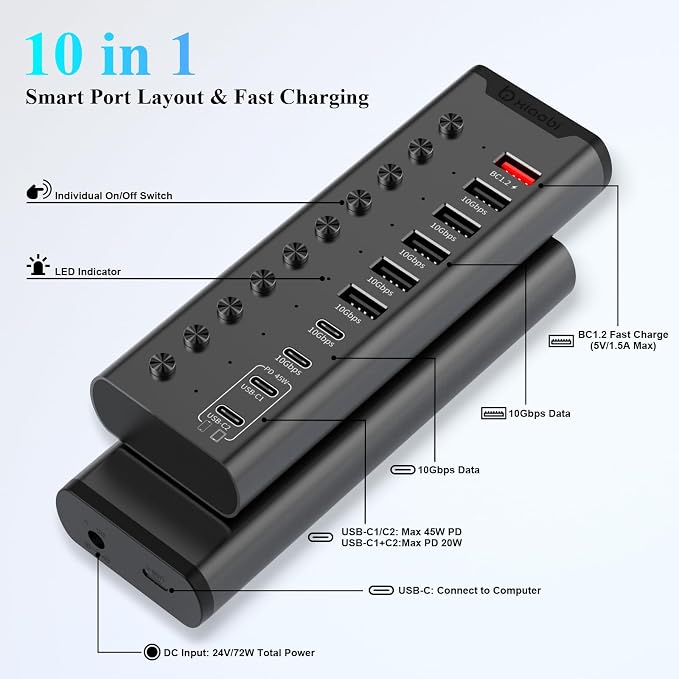 Powered USB Hub, 10-Port USB C Hub with 5*USB-A 3.2 and 2*USB-C 3.2 Ports, BC1.2&2*PD 45W Charging Ports Individual Switches and 24V/3A Power Adapter, USB Extension for PC and More(Black).