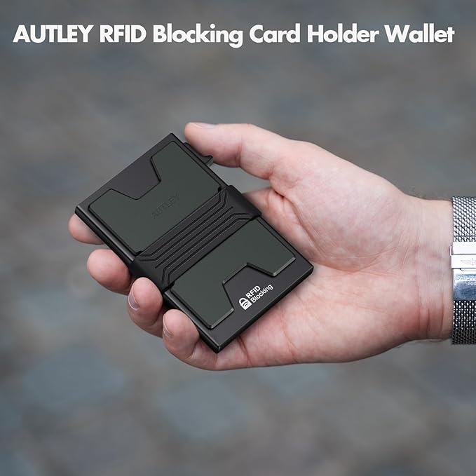 AUTLEY Airtag Wallet for Men, Slim Wallet with Airtag Holder, Aluminum RFID Blocking Pop Up Card Wallet with Cash Band (Black)