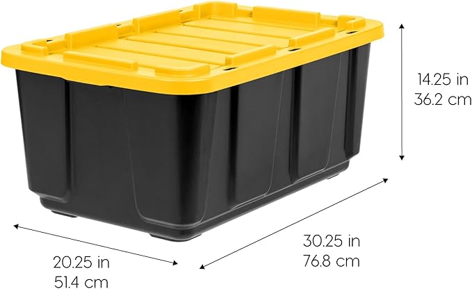 IRIS USA 2-Pack 27 Gallon Storage Bins with Lids |Made in USA| Heavy Duty Plastic Tote Containers for Truckbed Tool Box Organization, Large - Black/Yellow