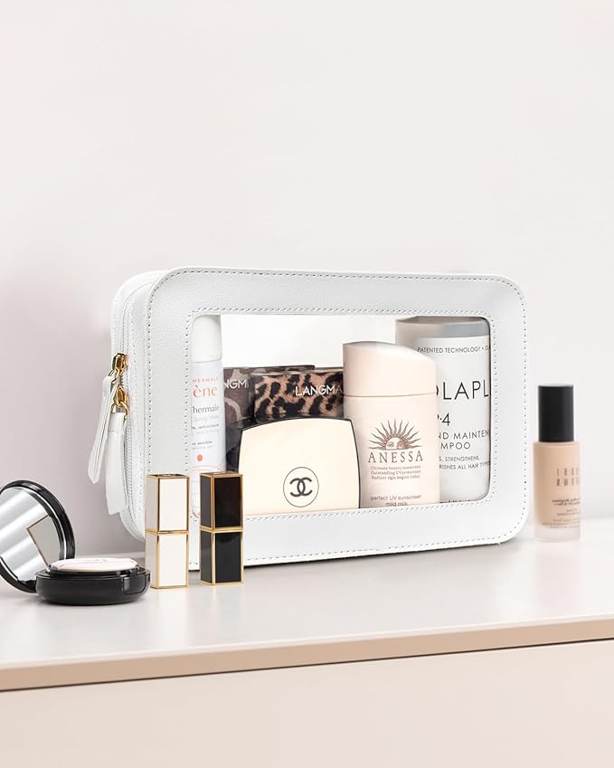 LETGO Clear Makeup Bags, TSA Approved Toiletry Bag with Zipper, Portable Make Up Organizer Traveling Compact Car Bag for Essentials(Clear-White)