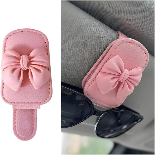 Bittwee Sunglasses Holder for Car Visor, Magnetic Cute Bow Leather Sun Visor Eyeglasses Mount & Ticket Card Clip, Magnet Automotive Interior Glasses Hanger Organizer, Universal for Vehicles (Pink)