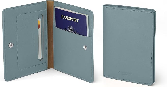 carrotez Family Travel Document Organizer – Premium RFID Blocking Leather Passport Holder & Wallet for 2 Passports, Cards, Boarding Passes & Travel Essentials – Fog Blue