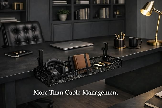 Under Desk Cable Management Tray – 25” Metal Cable Organizer with Clamp Mount, No Drill Wire Management Rack for Office & Home Desk (Black)