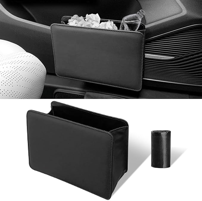 Car Trash Can, Auto Leather Trash Bin Garbage Organizer Holder with One Roll Trash Bag, Mini Foldable Dustbin Storage Bag Container, Multi-Function Trash Box for Car SUV (Black)