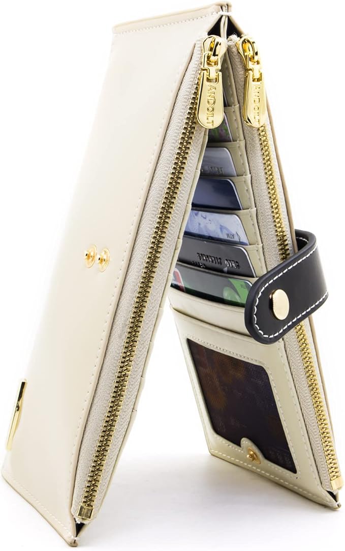 ANDOILT Women's Genuine Leather Wallet RFID Blocking Credit Card Holder Zipper Purse Cell Phone Handbag
