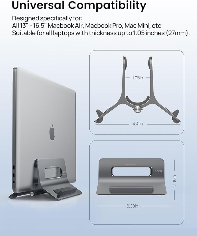 SODI Vertical Laptop Stand for Desk, Gravity Auto Lock MacBook Stand, Aluminum Laptop Holder Vertical Compatible with MacBook Pro, Air, Tablet, Space-Saving Organize Work & Home Office, Gray