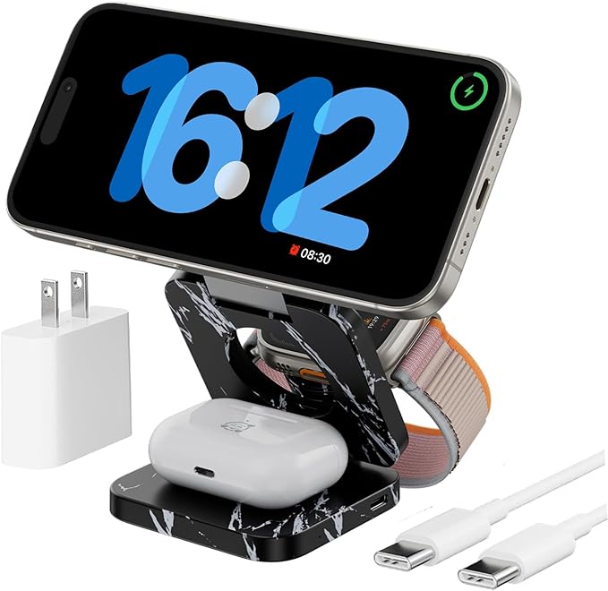 KU XIU X55 Nature Series Fast Magnetic Wireless Charger, Foldable 3 in 1 Charging Station for Apple, Mag-Safe Travel Charger Stand for iPhone 17 16 15 14 13 Series, Apple Watch & AirPods-Marble Black