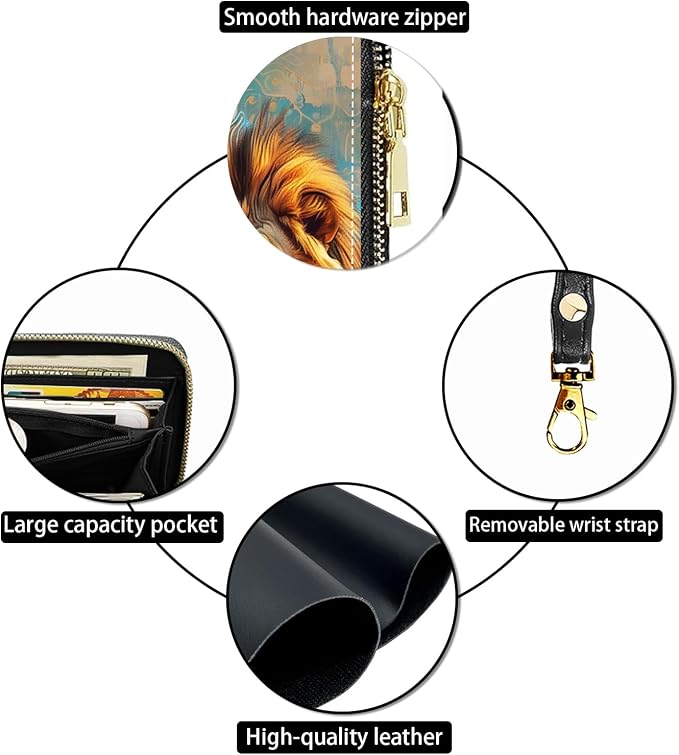 Women's Large Capacity Wallet PU Leather Zip Around Clutch Purse Multifunctional Wallet with Removable Wristlet Strap for Smart Phone/Coin/Card/Cash - Lion