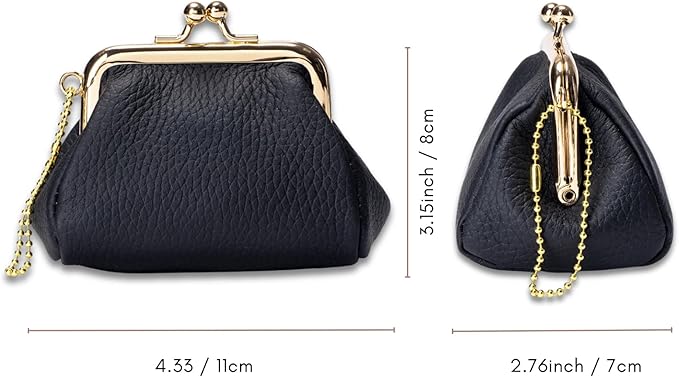 Genuine Leather Coin Purse for Women, Cute Mini Lipstick Holder Case, Small Vintage Kiss Lock Jewelry Storage Organizer Change Bag Pouch (Black)