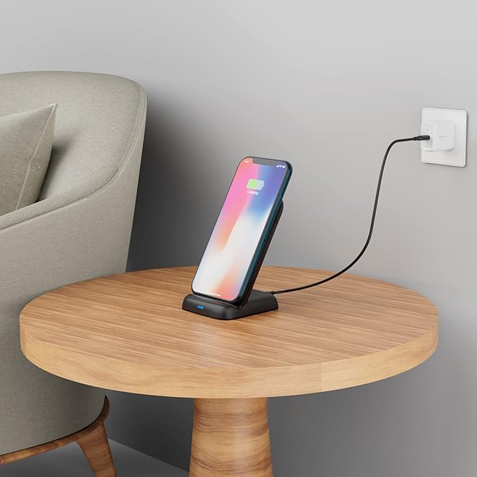 Amazon Basics 10W Qi Certified Wireless Charging Stand for Phone 16/15/14/13/12/11/X, Samsung, and More, with USB Cable, Black (No AC Adapter)