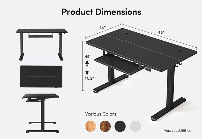 BANTI 48" x 24" Height Adjustable Electric Standing Desk with Keyboard Tray, Sit Stand up Desk with Splice Board, Black Frame/Black Top
