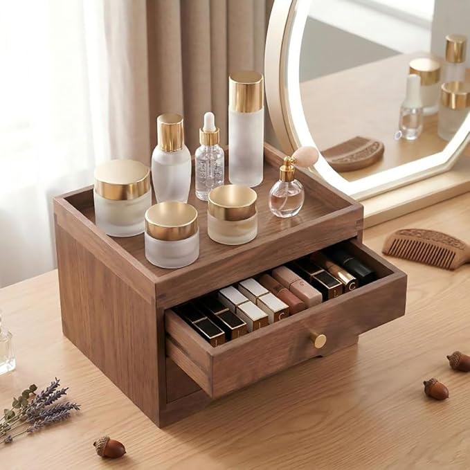 Solid Walnut Wood Desk Drawer Organizer – 1/2 Tier Desktop Storage Box with Drawers for Stationery, Makeup, Jewelry, Remote Control (Double)
